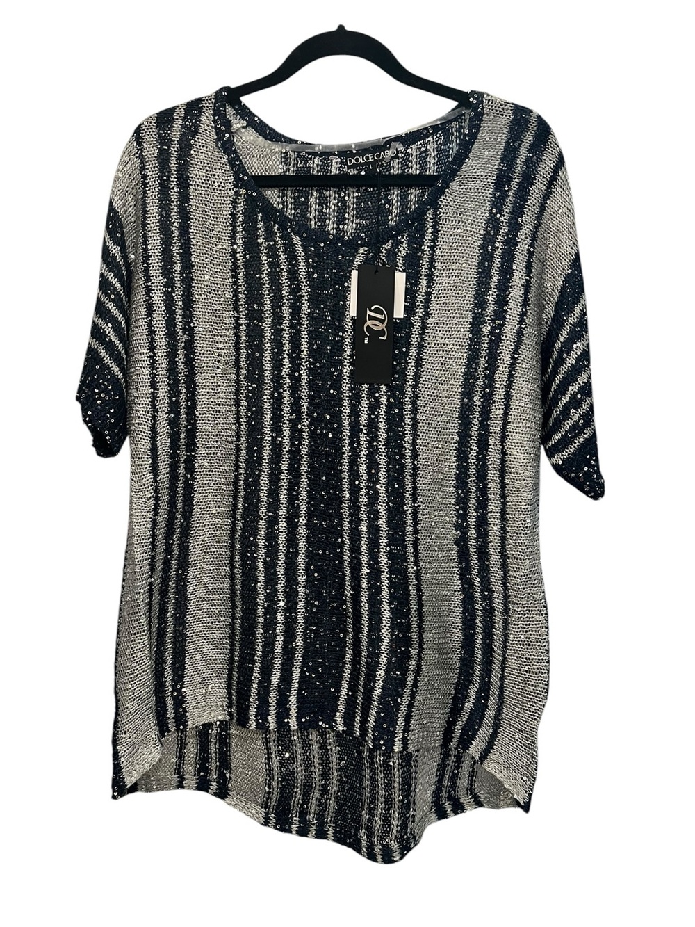 Dolce Cabo Navy and silver Striped Knit Tunic with sequins size L NWT - Picture 1 of 8